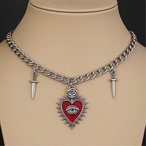 New Red Corazon Sagrado Sacred Heart‎ Choker Charm Necklace Chunky Swords Goth